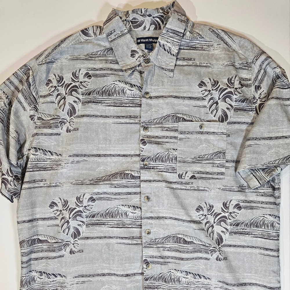 West Marine Shirt‎ Mens 2XL Gray Tropical Hawaiian Short Sleeve Button Up Casual